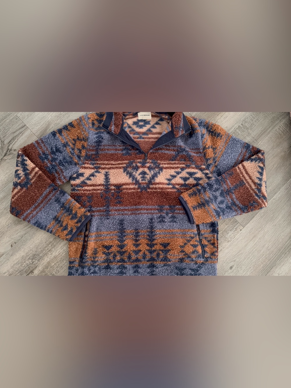 Lucky Brand Aztec Zip-Up Sherpa Sweater - Navy, Rust & Tan